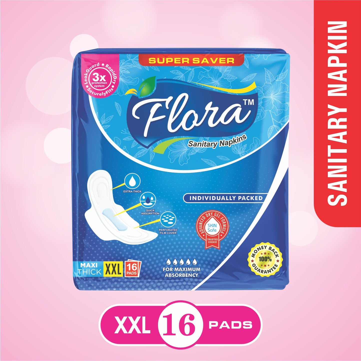 Flora Sanitary Napkin Maxi Thick XXL, 16Pcs